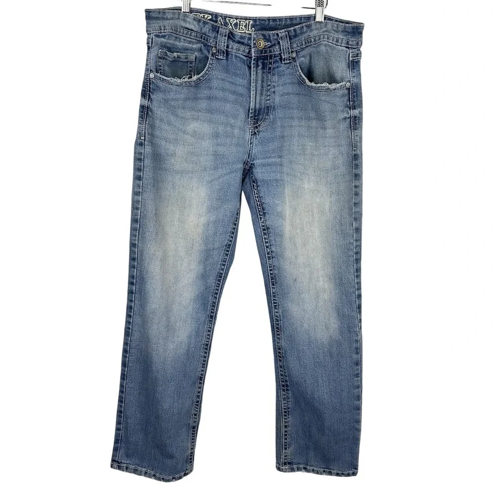 TK Axel Straight Leg Jeans Harbor Blue Embroidered Pockets Distressed Mens 34x32